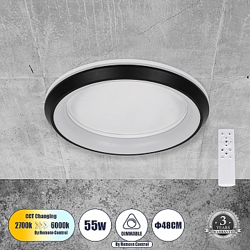 Melina Glint® Πλαφονιέρα Οροφής Κύκλος Led Cct 55W 6376Lm 120° Ac 220-240V - Εναλλαγή Φωτισμού Μέσω Τηλεχειριστηρίου All In One Ψυχρό Λευκό 6000K+Φυσικό Λευκό 4500K+Θερμό Λευκό 2700K Dimmable Φ48Cm - Μαύρο