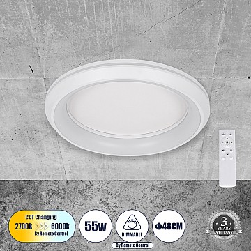 Melina Glint® Πλαφονιέρα Οροφής Κύκλος Led Cct 55W 6376Lm 120° Ac 220-240V - Εναλλαγή Φωτισμού Μέσω Τηλεχειριστηρίου All In One Ψυχρό Λευκό 6000K+Φυσικό Λευκό 4500K+Θερμό Λευκό 2700K Dimmable Φ48Cm - Λευκό