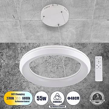 Melina Glint® Κρεμαστή Πλαφονιέρα Οροφής Κύκλος Led Cct 55W 6376Lm 120° Ac 220-240V - Εναλλαγή Φωτισμού Μέσω Τηλεχειριστηρίου All In One Ψυχρό Λευκό 6000K+Φυσικό Λευκό 4500K+Θερμό Λευκό 2700K Dimmable Φ48Cm - Λευκό