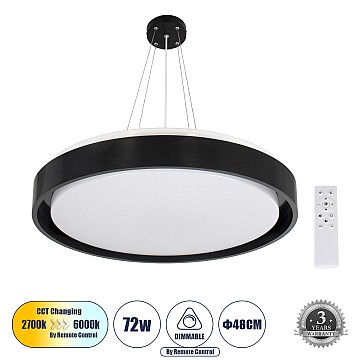 Barchetta Glint®-P Κρεμαστή Πλαφονιέρα Οροφής Led Cct 72W 8306Lm 120° Ac 220-240V - Εναλλαγή Φωτισμού Μέσω Τηλεχειριστηρίου All In One Ψυχρό 6000K+Φυσικό 4500K+Θερμό 2700K Dimmable Φ48Cm - Μαύρο