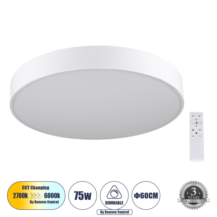 GLOBOSTAR® BURTON 61203-S Μοντέρνο Φωτιστικό Οροφής LED 75W 8625lm 120° AC 220-240V IP20 Ρυθμιζόμενο Λευκό CCT με Χειριστήριο από 2700K έως 6000K Dimmable - Lumileds SMD Chip - Λευκό Ματ - Μ60 x Π60 x Υ8cm
