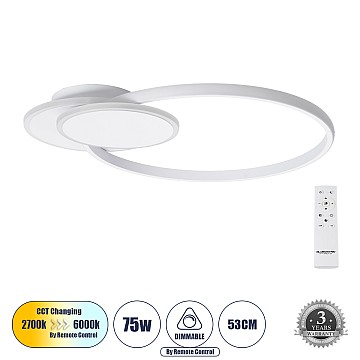 Circuo Glint® Φωτιστικό Οροφής Δαχτυλίδι-Κύκλος Led Cct 75W 8400Lm 360° Ac 220-240V - Εναλλαγή Φωτισμού Μέσω Τηλεχειριστηρίου All In One Ψυχρό 6000K+Φυσικό 4500K+Θερμό 2700K Dimmable Μ53 X Π42.5 X Υ9Cm - Λευκό