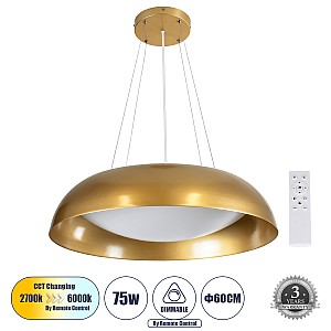 Anatolia Glint® Κρεμαστή Πλαφονιέρα Οροφής Led Cct 75W 8625Lm 120° Ac 220-240V - Εναλλαγή Φωτισμού Μέσω Τηλεχειριστηρίου All In One Ψυχρό 6000K+Φυσικό 4500K+Θερμό 2700K Dimmable Φ60Cm - Χρυσό