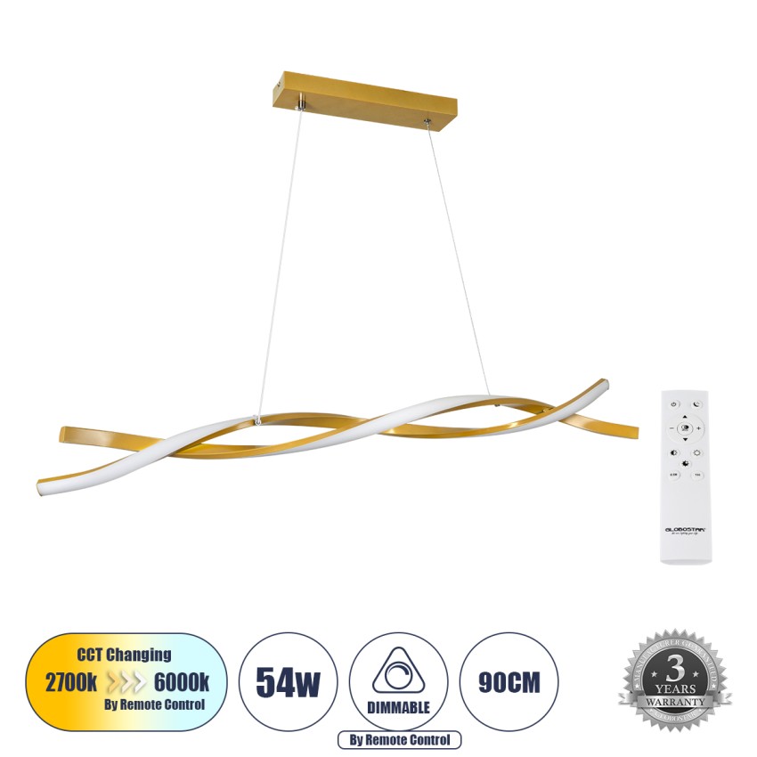GLOBOSTAR® MORALES  Μοντέρνο Κρεμαστό Φωτιστικό Οροφής LED 54W 6048lm 300° AC 220-240V IP20 Ρυθμιζόμενο Λευκό CCT με Χειριστήριο από 2700K έως 6000K Dimmable - Lumileds SMD Chip - Σατινέ Χρυσό Βούρτσας - Μ90 x Π14 x Υ14cm