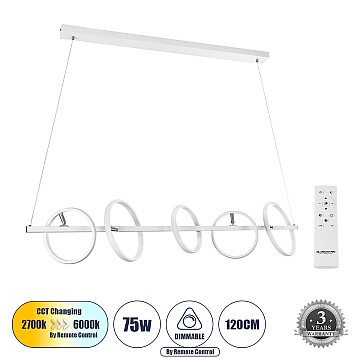 Circolare Glint® Κρεμαστό Φωτιστικό Οροφής Design Led Cct 75W 8400Lm 360° Ac 220-240V - Εναλλαγή Φωτισμού Μέσω Τηλεχειριστηρίου All In One Ψυχρό 6000K+Φυσικό 4500K+Θερμό 2700K Dimmable Μ120 X Π25 X Υ25Cm - Λευκό