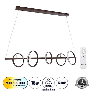 Circolare Glint® Κρεμαστό Φωτιστικό Οροφής Design Led Cct 75W 8400Lm 360° Ac 220-240V - Εναλλαγή Φωτισμού Μέσω Τηλεχειριστηρίου All In One Ψυχρό 6000K+Φυσικό 4500K+Θερμό 2700K Dimmable Μ120 X Π25 X Υ25Cm - Καφέ