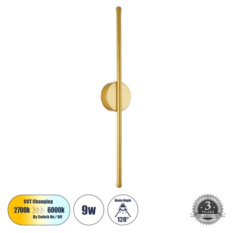 GLOBOSTAR® DIADEM  Μοντέρνο Φωτιστικό Τοίχου - Απλίκα LED 9W 900lm 120° AC 220-240V IP20 Ρυθμιζόμενο Λευκό CCT με On/Off 2700K/4500K/6000K - Lumileds SMD Chip - Σατινέ Χρυσό Βούρτσας - Μ10 x Π4 x Υ60cm