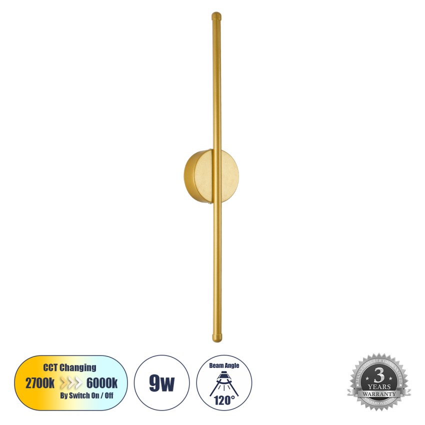 GLOBOSTAR® DIADEM  Μοντέρνο Φωτιστικό Τοίχου - Απλίκα LED 9W 900lm 120° AC 220-240V IP20 Ρυθμιζόμενο Λευκό CCT με On/Off 2700K/4500K/6000K - Lumileds SMD Chip - Σατινέ Χρυσό Βούρτσας - Μ10 x Π4 x Υ60cm
