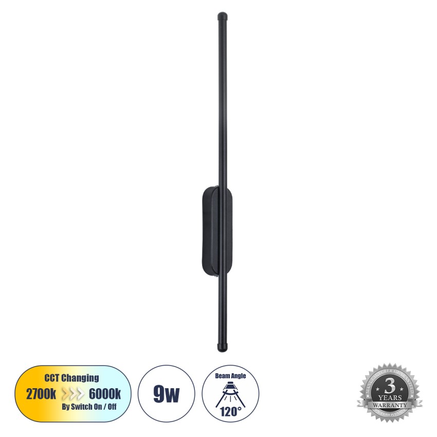 GLOBOSTAR® HARLEM  Μοντέρνο Φωτιστικό Τοίχου - Απλίκα LED 9W 1080lm 120° AC 220-240V IP20 Ρυθμιζόμενο Λευκό CCT με On/Off 2700K/4500K/6000K - Lumileds SMD Chip - Μαύρο Ματ - Μ5 x Π4 x Υ60cm