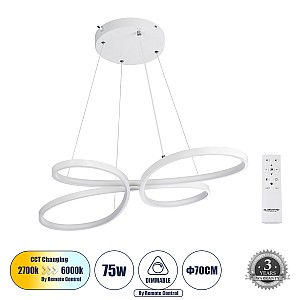 Butterfly Glint® Κρεμαστό Φωτιστικό Οροφής Design Led Cct 75W 8400Lm 300° Ac 220-240V - Εναλλαγή Φωτισμού Μέσω Τηλεχειριστηρίου All In One Ψυχρό 6000K+Φυσικό 4500K+Θερμό 2700K Dimmable Μ71 X Π52 X Υ4Cm - Λευκό