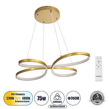 Butterfly Glint® Κρεμαστό Φωτιστικό Οροφής Design Led Cct 75W 8400Lm 300° Ac 220-240V - Εναλλαγή Φωτισμού Μέσω Τηλεχειριστηρίου All In One Ψυχρό 6000K+Φυσικό 4500K+Θερμό 2700K Dimmable Μ71 X Π52 X Υ4Cm - Χρυσό Βούρτσας