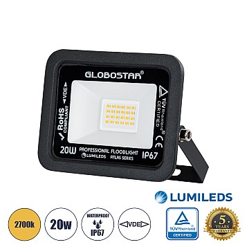 Atlas Glint® Επαγγελματικός Προβολέας Led 20W 2300Lm 120° Ac 220-240V - Αδιάβροχος Ip67 - Μ12 X Π2.5 X Υ9.5Cm - Μαύρο - Θερμό Λευκό 2700K - Lumileds Chips - Tüv Rheinland Certified