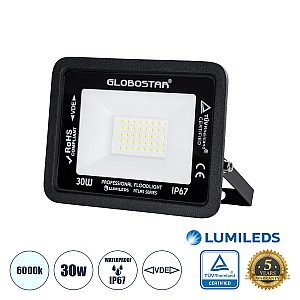 Atlas Glint® Επαγγελματικός Προβολέας Led 30W 3750Lm 120° Ac 220-240V - Αδιάβροχος Ip67 - Μ16 X Π2.5 X Υ12.5Cm - Μαύρο - Ψυχρό Λευκό 6000K - Lumileds Chips - Tüv Rheinland Certified