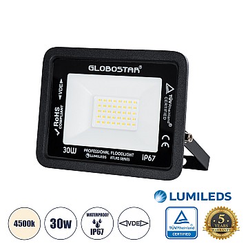 Atlas Glint® Επαγγελματικός Προβολέας Led 30W 3600Lm 120° Ac 220-240V - Αδιάβροχος Ip67 - Μ16 X Π2.5 X Υ12.5Cm - Μαύρο - Φυσικό Λευκό 4500K - Lumileds Chips - Tüv Rheinland Certified