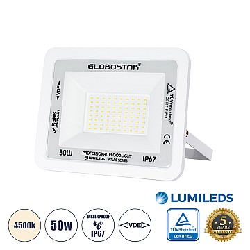 Atlas Glint® Επαγγελματικός Προβολέας Led 50W 6000Lm 120° Ac 220-240V - Αδιάβροχος Ip67 - Μ21 X Π3.5 X Υ16Cm - Λευκό - Φυσικό Λευκό 4500K - Lumileds Chips - Tüv Rheinland Certified