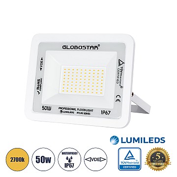 Atlas Glint® Επαγγελματικός Προβολέας Led 50W 5750Lm 120° Ac 220-240V - Αδιάβροχος Ip67 - Μ21 X Π3.5 X Υ16Cm - Λευκό - Θερμό Λευκό 2700K - Lumileds Chips - Tüv Rheinland Certified