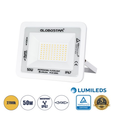 GLOBOSTAR® ATLAS  Προβολέας LED 50W 5750lm 120° AC 220-240V Αδιάβροχο IP67 Θερμό Λευκό 2700K - Lumileds SMD Chip  - Λευκό Ματ - Μ21 x Π3.5 x Υ16cm