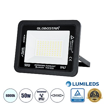 Atlas Glint® Επαγγελματικός Προβολέας Led 50W 6250Lm 120° Ac 220-240V - Αδιάβροχος Ip67 - Μ21 X Π3.5 X Υ16Cm - Μαύρο - Ψυχρό Λευκό 6000K - Lumileds Chips - Tüv Rheinland Certified