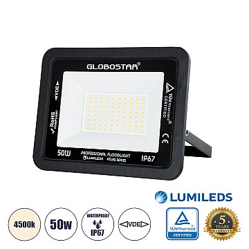 Atlas Glint® Επαγγελματικός Προβολέας Led 50W 6000Lm 120° Ac 220-240V - Αδιάβροχος Ip67 - Μ21 X Π3.5 X Υ16Cm - Μαύρο - Φυσικό Λευκό 4500K - Lumileds Chips - Tüv Rheinland Certified