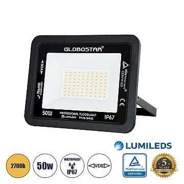 Atlas Glint® Επαγγελματικός Προβολέας Led 50W 5750Lm 120° Ac 220-240V - Αδιάβροχος Ip67 - Μ21 X Π3.5 X Υ16Cm - Μαύρο - Θερμό Λευκό 2700K - Lumileds Chips - Tüv Rheinland Certified