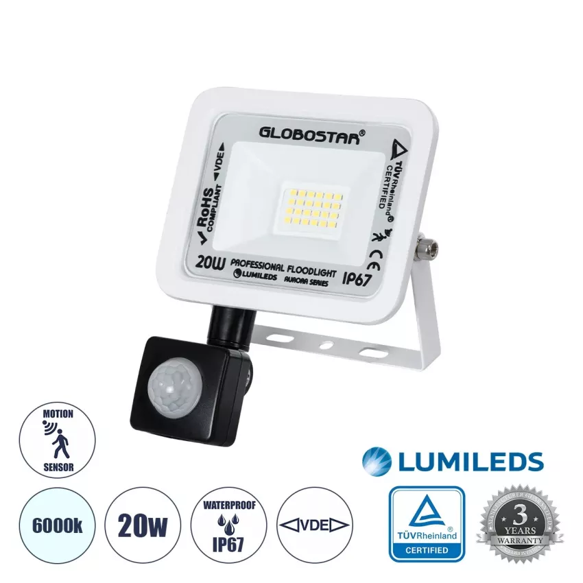 GLOBOSTAR® AURORA  Προβολέας με Ανιχνευτή PIR / Αισθητήρα Κίνησης LED 20W 2500lm 120° AC 220-240V Αδιάβροχο IP67 Ψυχρό Λευκό 6000K - Lumileds SMD Chip  - Λευκό Ματ - Μ12 x Π5 x Υ14.5cm