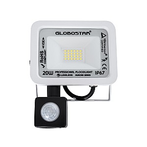 Aurora Glint® Επαγγελματικός Προβολέας Led 20W 2500Lm 120° Ac 220-240V Με Ενσωματωμένο Ρυθμιζόμενο Αισθητήρα Κίνησης Pir - Αδιάβροχος Ip67 - Μ12 X Π5 X Υ14.5Cm - Λευκό - Ψυχρό Λευκό 6000K - Lumileds Chips - Tüv Rheinland Certified