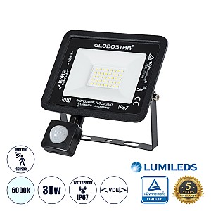 Aurora Glint® Επαγγελματικός Προβολέας Led 30W 3750Lm 120° Ac 220-240V Με Ενσωματωμένο Ρυθμιζόμενο Αισθητήρα Κίνησης Pir - Αδιάβροχος Ip67 - Μ16 X Π5 X Υ17.5Cm - Μαύρο - Ψυχρό Λευκό 6000K - Lumileds Chips - Tüv Rheinland Certified