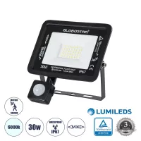 GLOBOSTAR® AURORA  Προβολέας με Ανιχνευτή PIR / Αισθητήρα Κίνησης LED 30W 3750lm 120° AC 220-240V Αδιάβροχο IP67 Ψυχρό Λευκό 6000K - Lumileds SMD Chip  - Μαύρο Ματ - Μ16 x Π5 x Υ17.5cm