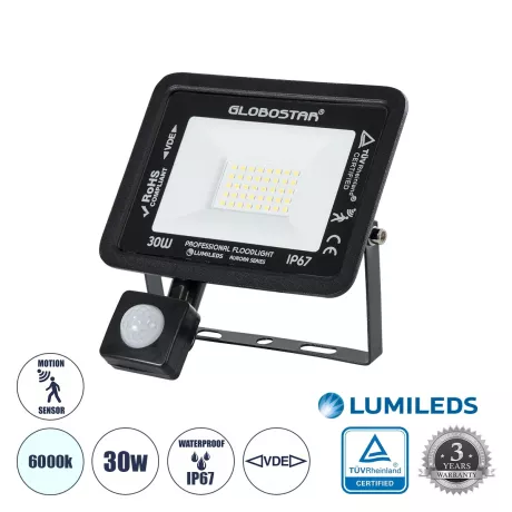GLOBOSTAR® AURORA  Προβολέας με Ανιχνευτή PIR / Αισθητήρα Κίνησης LED 30W 3750lm 120° AC 220-240V Αδιάβροχο IP67 Ψυχρό Λευκό 6000K - Lumileds SMD Chip  - Μαύρο Ματ - Μ16 x Π5 x Υ17.5cm