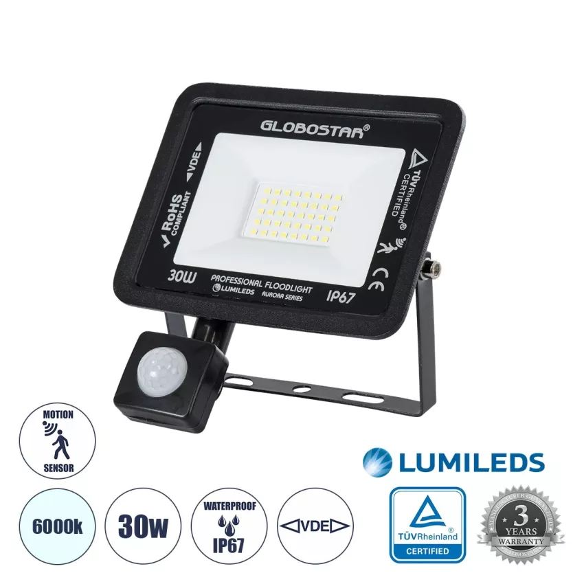 GLOBOSTAR® AURORA  Προβολέας με Ανιχνευτή PIR / Αισθητήρα Κίνησης LED 30W 3750lm 120° AC 220-240V Αδιάβροχο IP67 Ψυχρό Λευκό 6000K - Lumileds SMD Chip  - Μαύρο Ματ - Μ16 x Π5 x Υ17.5cm