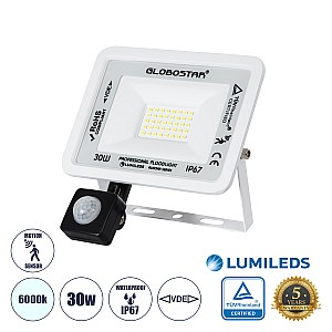 Aurora Glint® Επαγγελματικός Προβολέας Led 30W 3750Lm 120° Ac 220-240V Με Ενσωματωμένο Ρυθμιζόμενο Αισθητήρα Κίνησης Pir - Αδιάβροχος Ip67 - Μ16 X Π5 X Υ17.5Cm - Λευκό - Ψυχρό Λευκό 6000K - Lumileds Chips - Tüv Rheinland Certified