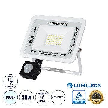 Aurora Glint® Επαγγελματικός Προβολέας Led 30W 3750Lm 120° Ac 220-240V Με Ενσωματωμένο Ρυθμιζόμενο Αισθητήρα Κίνησης Pir - Αδιάβροχος Ip67 - Μ16 X Π5 X Υ17.5Cm - Λευκό - Ψυχρό Λευκό 6000K - Lumileds Chips - Tüv Rheinland Certified