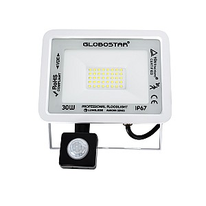 Aurora Glint® Επαγγελματικός Προβολέας Led 30W 3750Lm 120° Ac 220-240V Με Ενσωματωμένο Ρυθμιζόμενο Αισθητήρα Κίνησης Pir - Αδιάβροχος Ip67 - Μ16 X Π5 X Υ17.5Cm - Λευκό - Ψυχρό Λευκό 6000K - Lumileds Chips - Tüv Rheinland Certified