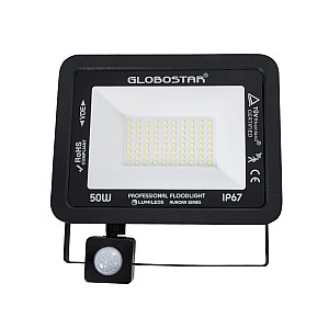 Aurora Glint® Επαγγελματικός Προβολέας Led 50W 6250Lm 120° Ac 220-240V Με Ενσωματωμένο Ρυθμιζόμενο Αισθητήρα Κίνησης Pir - Αδιάβροχος Ip67 - Μ21 X Π5 X Υ21Cm - Μαύρο - Ψυχρό Λευκό 6000K - Lumileds Chips - Tüv Rheinland Certified