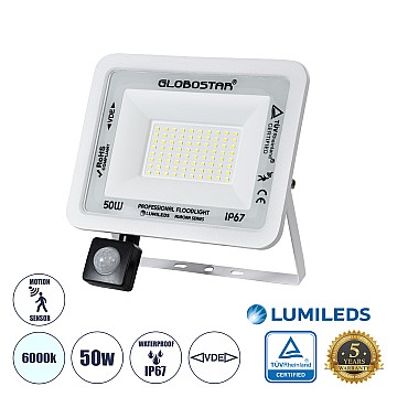 Aurora Glint® Επαγγελματικός Προβολέας Led 50W 6250Lm 120° Ac 220-240V Με Ενσωματωμένο Ρυθμιζόμενο Αισθητήρα Κίνησης Pir - Αδιάβροχος Ip67 - Μ21 X Π5 X Υ21Cm - Λευκό - Ψυχρό Λευκό 6000K - Lumileds Chips - Tüv Rheinland Certified