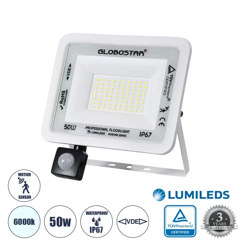 GLOBOSTAR® AURORA  Προβολέας με Ανιχνευτή PIR / Αισθητήρα Κίνησης LED 50W 6250lm 120° AC 220-240V Αδιάβροχο IP67 Ψυχρό Λευκό 6000K - Lumileds SMD Chip  - Λευκό Ματ - Μ21 x Π5 x Υ21cm