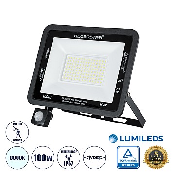 Aurora Glint® Επαγγελματικός Προβολέας Led 100W 12500Lm 120° Ac 220-240V Με Ενσωματωμένο Ρυθμιζόμενο Αισθητήρα Κίνησης Pir - Αδιάβροχος Ip67 - Μ25 X Π6.5 X Υ27.5Cm - Μαύρο - Ψυχρό Λευκό 6000K - Lumileds Chips - Tüv Rheinland Certified