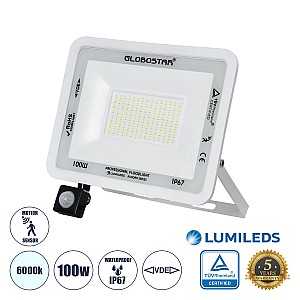 Aurora Glint® Επαγγελματικός Προβολέας Led 100W 12500Lm 120° Ac 220-240V Με Ενσωματωμένο Ρυθμιζόμενο Αισθητήρα Κίνησης Pir - Αδιάβροχος Ip67 - Μ25 X Π6.5 X Υ27.5Cm - Λευκό - Ψυχρό Λευκό 6000K - Lumileds Chips - Tüv Rheinland Certified