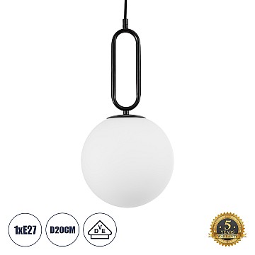 Bellissimo Glint®  Κρεμαστό Φωτιστικό Οροφής Μονόφωτο 1 X E27 Γαλακτερή Γυάλινη Μπάλα Με Μεταλλικό Μαύρο Ματ Σώμα Φ20 X Υ42Cm