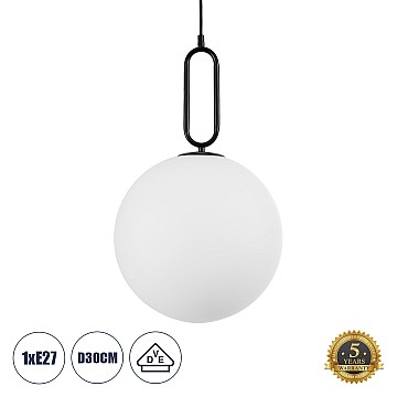 Bellissimo Glint®  Κρεμαστό Φωτιστικό Οροφής Μονόφωτο 1 X E27 Γαλακτερή Γυάλινη Μπάλα Με Μεταλλικό Μαύρο Ματ Σώμα Φ30 X Υ52Cm