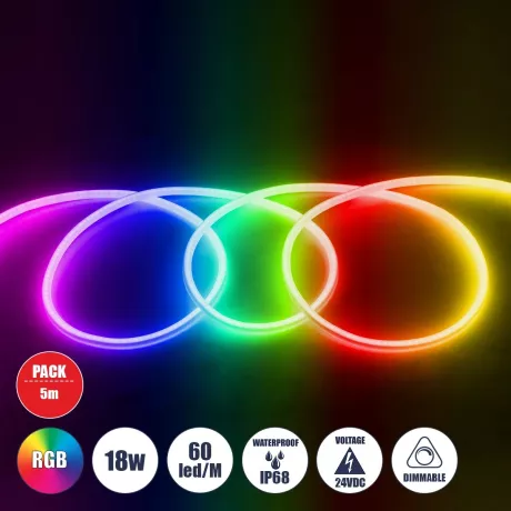 GLOBOSTAR® NEOTUBE  Ταινία Neon Flex LED 18W/m 900lm/m 360° DC 24V Αδιάβροχο IP65 60 x SMD5050 Chip/m Πολύχρωμο RGB Dimmable - Sanan SMD Chip - Μ500 x Π2.1 x Υ2.1cm - Ρολό 5 Μέτρων