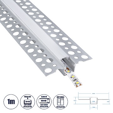 Plasterboard-Profile Glint® Προφίλ Αλουμινίου - Βάση & Ψύκτρα Ταινίας Led Με Λευκό Γαλακτερό Κάλυμμα - Χωνευτή Χρήση Σε Γυψοσανίδα - Trimless - Πατητό Κάλυμμα - Ασημί - 1 Μέτρο - Μ100 X Π5.6 X Υ1.5Cm