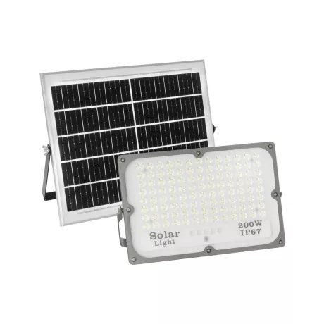 GLOBOSTAR® LUMOVOX  Προβολέας LED 200W 10000lm 120° DC 5V με Φωτοβολταϊκό Panel 5V 12W & Επαναφορτιζόμενη Μπαταρία Li-ion 3.2V 10000mAh Αδιάβροχο IP67 Ψυχρό Λευκό 6000K - 180 x SMD2835 Sanan Chip - Γκρι Ανθρακί - Μ29.5 x Π5.5 x Υ19cm