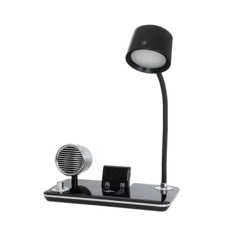 GLOBOSTAR® OLDY  Μοντέρνο Επιτραπέζιο Φωτιστικό Γραφείου με Ασύρματη Φόρτιση 15W 3A, 5W Bluetooth Ηχείο & Ψηφιακό Ρολόι LED 3W 300lm 120° DC 5V με USB-C IP20 Ρυθμιζόμενο Λευκό CCT με Αφή 2700K/4500K/6000K Dimmable - Sanan SMD Chip - Μαύρο - Μ13 x Π25 