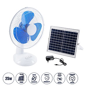 Solari-Fan Glint® Solar Fan Αυτόνομος Ηλιακός Επιτραπέζιος Ανεμιστήρας 25W 2 Λειτουργιών Ρεύματος Με Ac 220-240V Ή Με Φωτοβολταϊκό Panel 9V 12W & Επαναφορτιζόμενη Μπαταρία Li-Ion 7.4V 4400Mah - 3 Ταχύτητες - Ip20 - Μ24 X Π36 X Υ49Cm - Λευκό & Μπλε