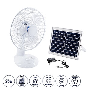 Solari-Fan Glint® Solar Fan Αυτόνομος Ηλιακός Επιτραπέζιος Ανεμιστήρας 25W 2 Λειτουργιών Ρεύματος Με Ac 220-240V Ή Με Φωτοβολταϊκό Panel 9V 12W & Επαναφορτιζόμενη Μπαταρία Li-Ion 7.4V 4400Mah - 3 Ταχύτητες - Ip20 - Μ24 X Π36 X Υ49Cm - Λευκό