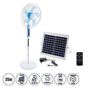 Solare-Fan Glint® Solar Fan Αυτόνομος Ηλιακός Επιδαπέδιος Ανεμιστήρας 25W 2 Λειτουργιών Ρεύματος Με Ac 220-240V Ή Με Φωτοβολταϊκό Panel 9V 15W & Επαναφορτιζόμενη Μπαταρία Li-Ion 7.4V 6000Mah - 12 Ταχύτητες - Ασύρματο Χειριστήριο - Ενσωματωμένο Usb 2.0