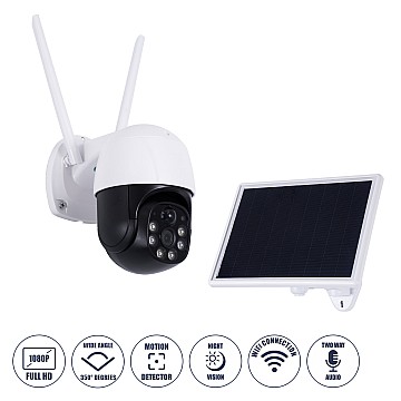 Glint® Αυτόνομη Ηλιακή Ip Camera 1080P 2Mp Wifi 350° Μοιρών - 3200Mah - Φωτοβολταϊκό Πάνελ - Νυχτερινή Όραση Με Led Ir - Ανιχνευτή Κίνησης - Νυχτερινή Λήψη - Αδιάβροχη Ip66 - Λευκό