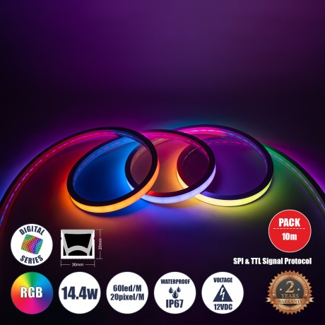 GLOBOSTAR® NEONIO-B  Ψηφιακή Pixel Addressable Ταινία Neon Flex LED 14.4W/m 864lm/m 90° DC 12V Αδιάβροχο IP65 60 x SMD5050 Chip/m 20 x Pixel/m Πολύχρωμο RGB Dimmable SPI/TTL Protocol IC SM16703P/WS2811/WS2812 - Sanan SMD Chip - Μ1000 x Π3 x Υ2cm - Ρολό 10