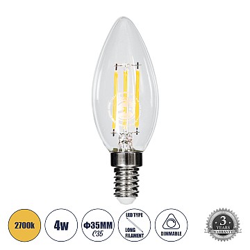 Glint® Λάμπα Led Long Filament E14 C35 Κεράκι 4W 400Lm 360° Ac 220-240V Ip20 Φ3.5 X Υ10.5Cm Θερμό Λευκό 2700K Με Διάφανο Γυαλί Dimmable